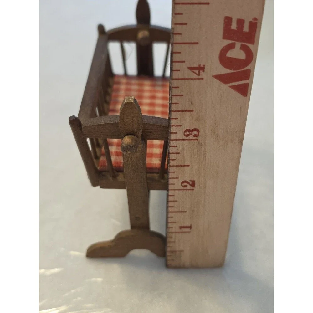 VTG Bodo Hennig Wooden Dollhouse Rocking Cradle Caco Baby & Felt Bear Nursery